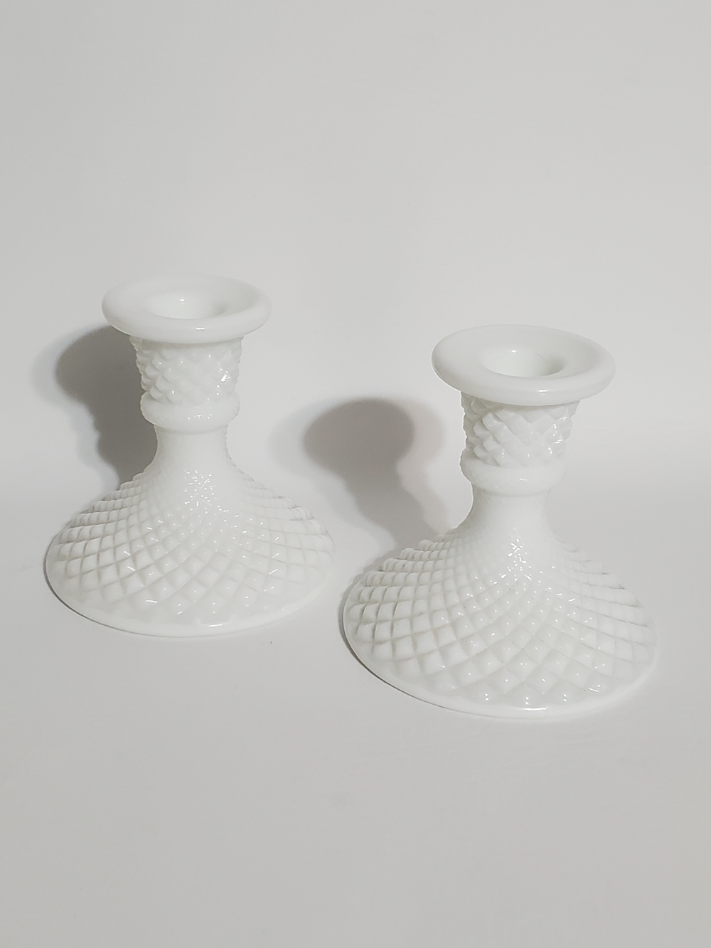 Vintage Westmoreland White Milk Glass Diamond Point Candlestick Pair